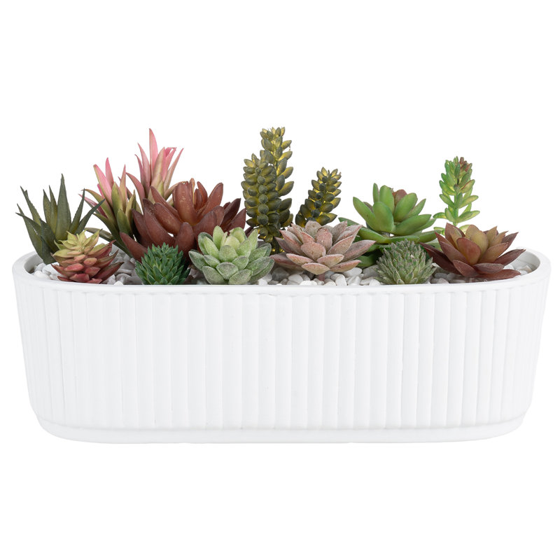 Indoor Oval White Ceramic Planter Pot with Tray