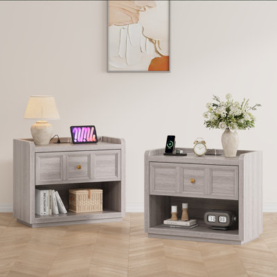 Nightstands with Charging Station, 26"/31" Wide Large Night Stand Farmhouse Bed Side Table with Round Corners for Bedroom, Grey White Oak