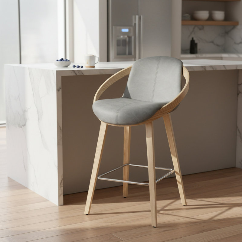 26" Modern Performance Vegan Leather Counter Height with Curved Arms, Beech Wood Frame & Chrome Metal Footrest, Vintage Light Gray/Oak – Irene by Pipp & Liv (Single)