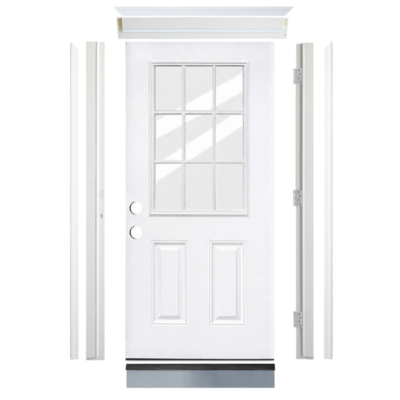 Porte d'entrée Calhome 36 po x 80 po en verre clair apprêté à faible émissivité de 9 po avec cadre en Vynyl à assemblage rapide et moulure de brique extérieure avant droite