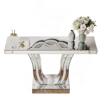 43 Inch Mirrored Console Table, Modern Silver Entryway Sofa Table With Curved Stone-Inlaid Legs, Silver Glam Entryway Table For Living Room, Modern Luxury Accent Table, Hallway Foyer Table
