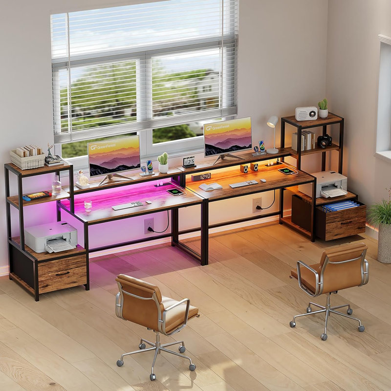 Aliette L-Shaped Metal Base Computer Desk with Power Outlet, Walnut/Black, 29.5" H x 68.89" W x 18.9" D