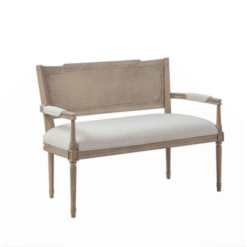 Beige Faux Leather Chesterfield Settee with Rattan Backrest
