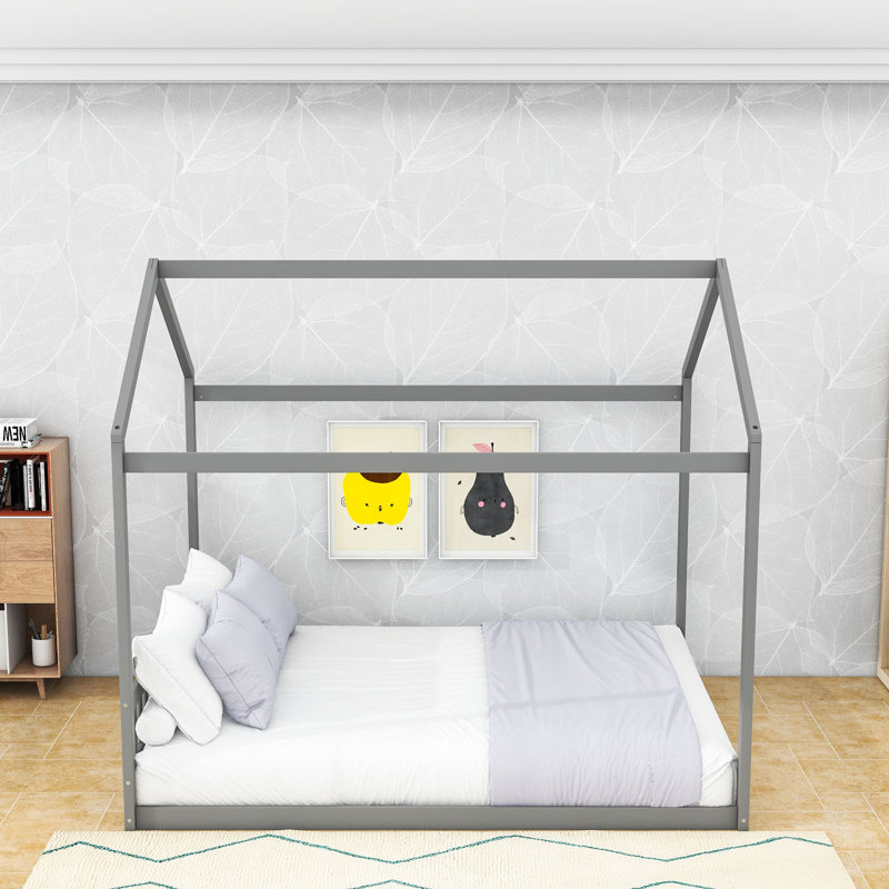 Queen Size Wooden House-Shaped Bed With Charming Headboard, Gray