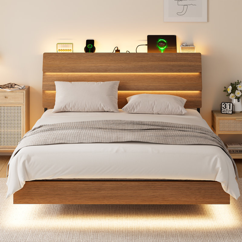 Einhomn Full Size Floating Bed Frame With Led And Charging Station,metal Platform Bed Frame With Storage Headboard,no Box Spring Needed,noise-free,easy To Assemble,walnut