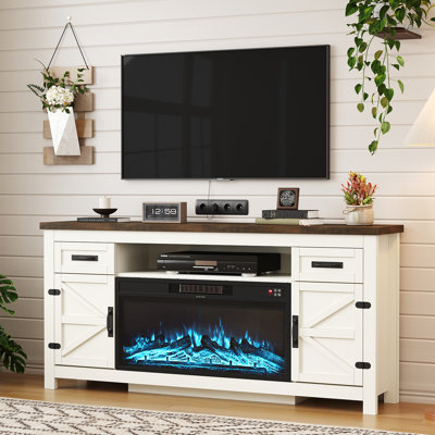 70" Farmhouse Fireplace TV Stand With Barn Door For Tvs Up To 80", Entertainment Center With Storage Cabinets