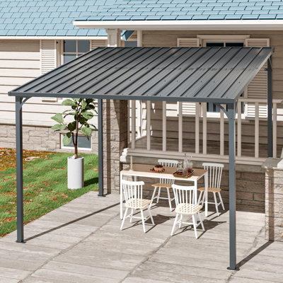 8'x 10' Outdoor Wall Mounted Pergola Gazebo for Patio Galvanized Steel Hardtop Patio Gazebo
