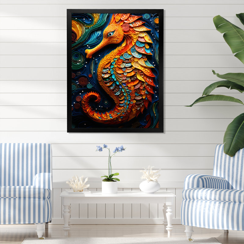 «Orange and Blue Seahorse Symphony 4», H 32 po x l 16 po x P 1 po, Cadre photo noir