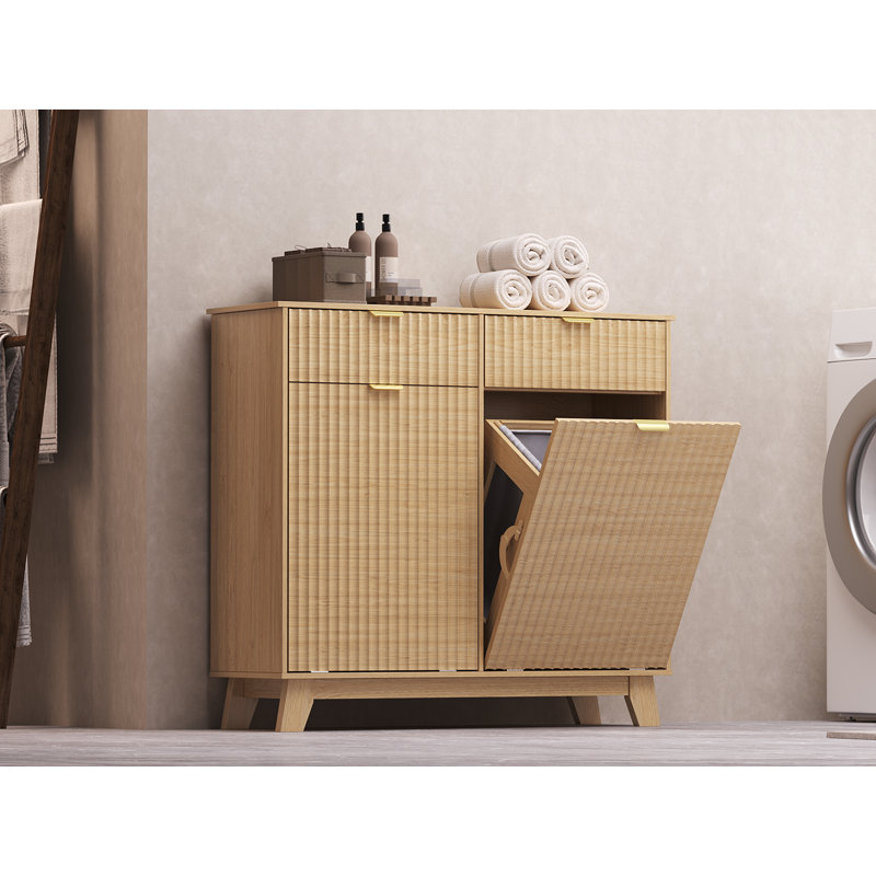 Wave Design 2-Door 2-Drawer Tilt Out Trash Cabinet, MDF Freestanding Kitchen Laundry Storage (Trash Can Not Included), Beige