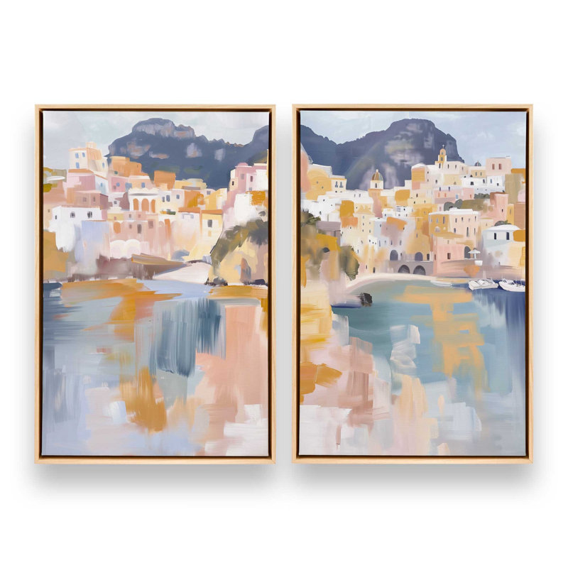 Golden Shores of Amalfi, ensemble de 2 impressions, 36 po x 24 po, Cadre américain en érable flottant