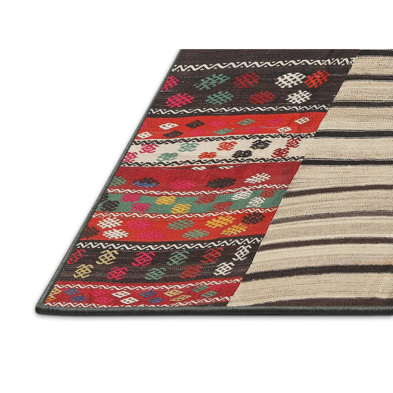 Tapis contemporain beige / brun / rouge, Rectangle 5 pi x 7 pi