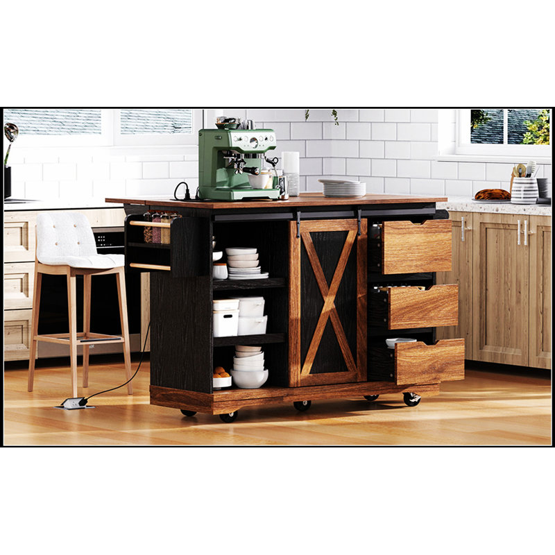 Îlot de cuisine de 55,5 pouces avec abattant, porte de grange, prise de courant et roulettes pour un rangement polyvalent et pratique