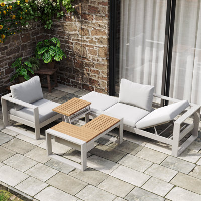 Ensemble de canapés modulaires d'extérieur en aluminium et acacia 4 pièces Slatera, gris clair