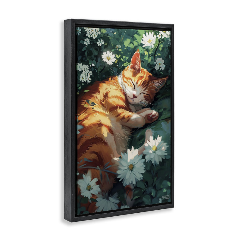 «Cat Sleeping in Meadow Brown», toile flottante encadrée par Roozbeh Bahramali, Cadre flottant noir de jais