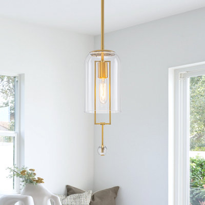 Modern 1-Light Brushed Gold Single Dome Pendant Light with Clear Glass Bell Shade and Crystal Accent