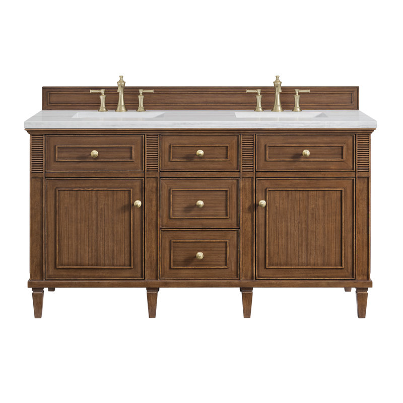 Lorelai 60'' W Double Vanity, Mid-Century Walnut, Carrara White, 8" Widespread