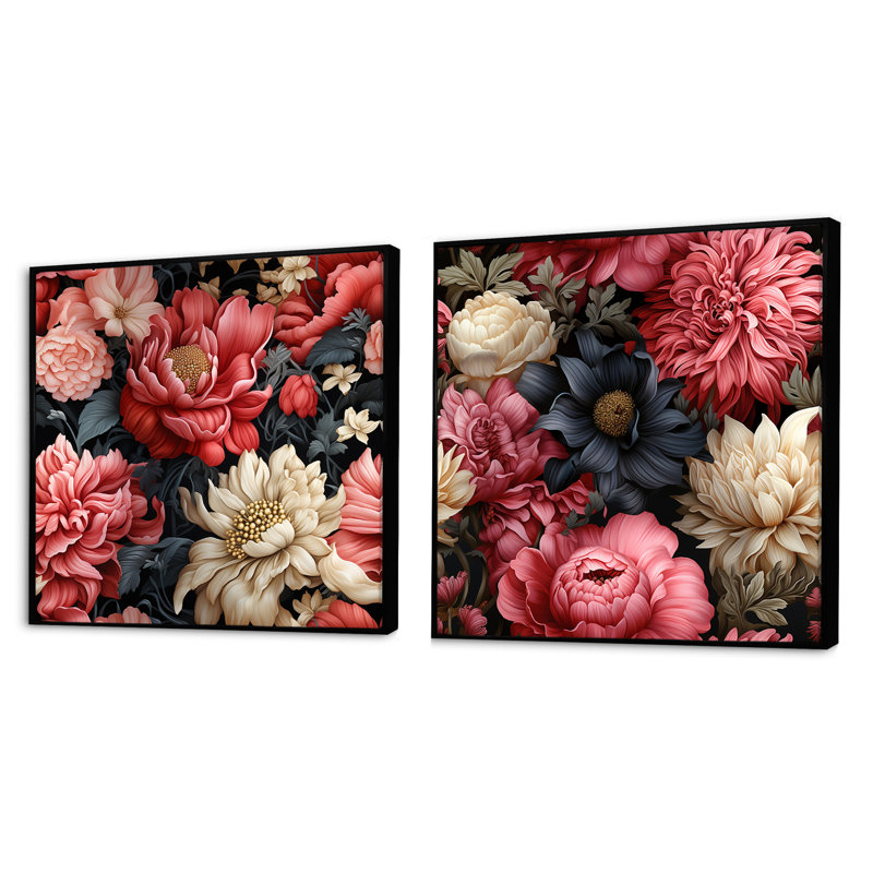 Ensemble de 2 ensembles de collage à motif floral carré Manitoba, Cadre flottant noir, H 16 po x l 33 po