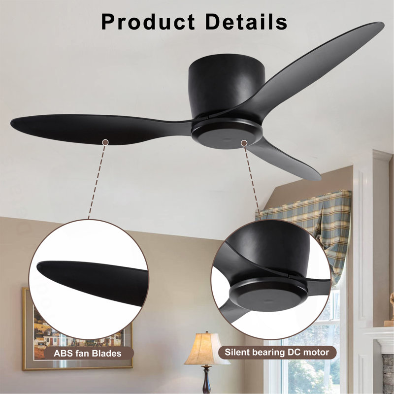 Ventilateur de plafond encastré de 42 po sans lumière, 3 pales réversibles, avec moteur à courant continu réversible à 6 vitesses, ventilateur de plafond à profil bas sans lumière pour le salon