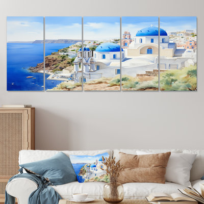 "Blue and White Greek Isles Village III" - Grèce, ensemble de 5 pièces