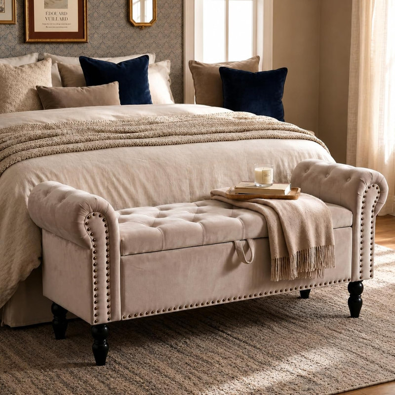 133 cm W Velvet Ottoman, Brown