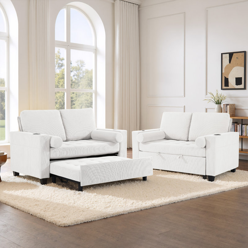 Upholstered Beige Corduroy Tufted Convertible Pull-Out  Multi-Functional Sleeper Sofa Bed - Adjustable Backrest With 2 Soft Pillows, USB Outlet and  Cup Holder (Set of 2)