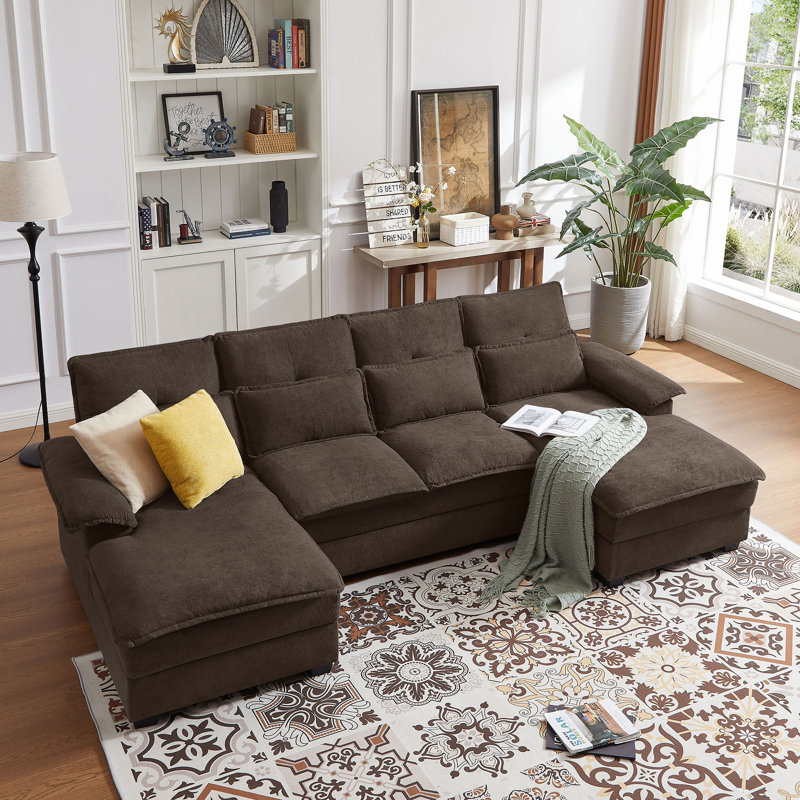 109.84" U Shaped Double Layer Soft Sofa with Toss Pillows, Coffee Fabric