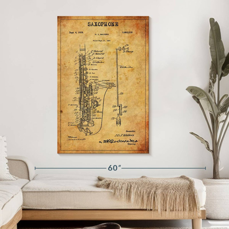 " Saxophone Patent " by Patent Hunter, 48" H x 32" W x 1.25" D