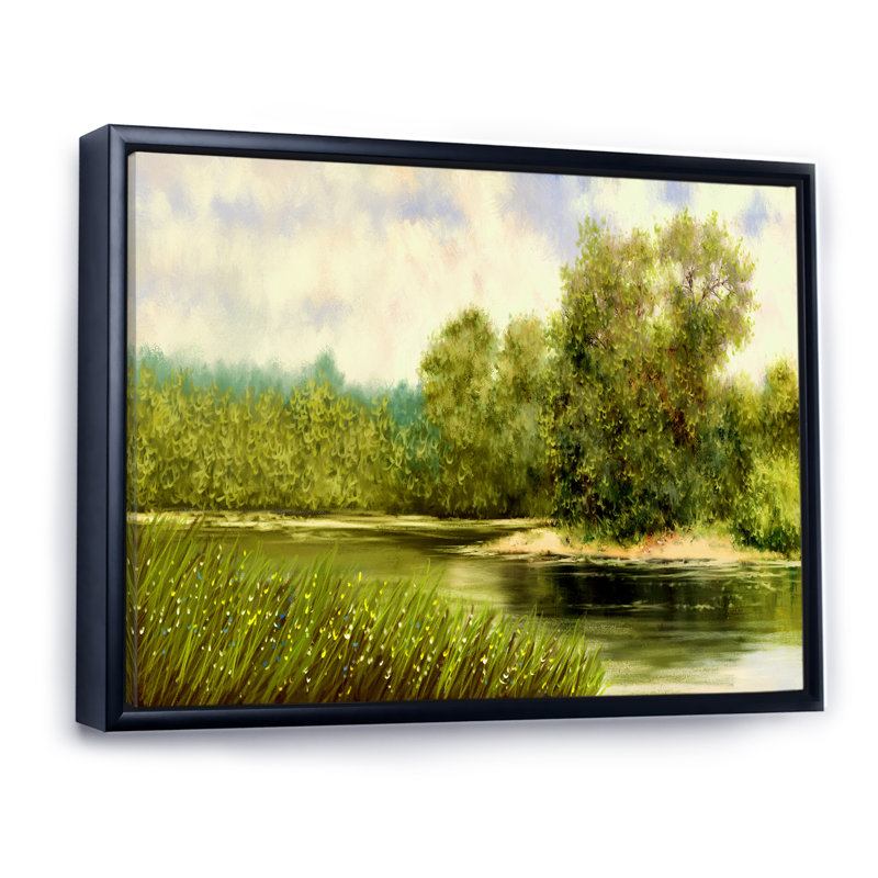 Rivière dans un paysage champêtre II - reproduction sur toile, H 24 po x l 36 po x P 1 po, Cadre flottant noir
