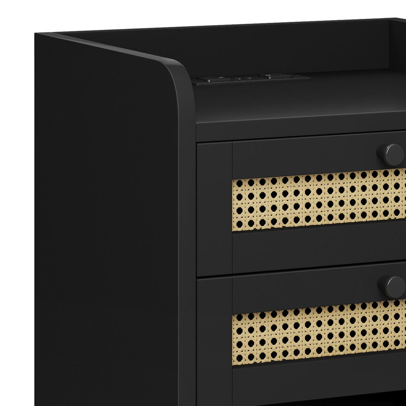 2 - Piece LED Farmhouse Nightstand: Charging + Rattan Storage, Black