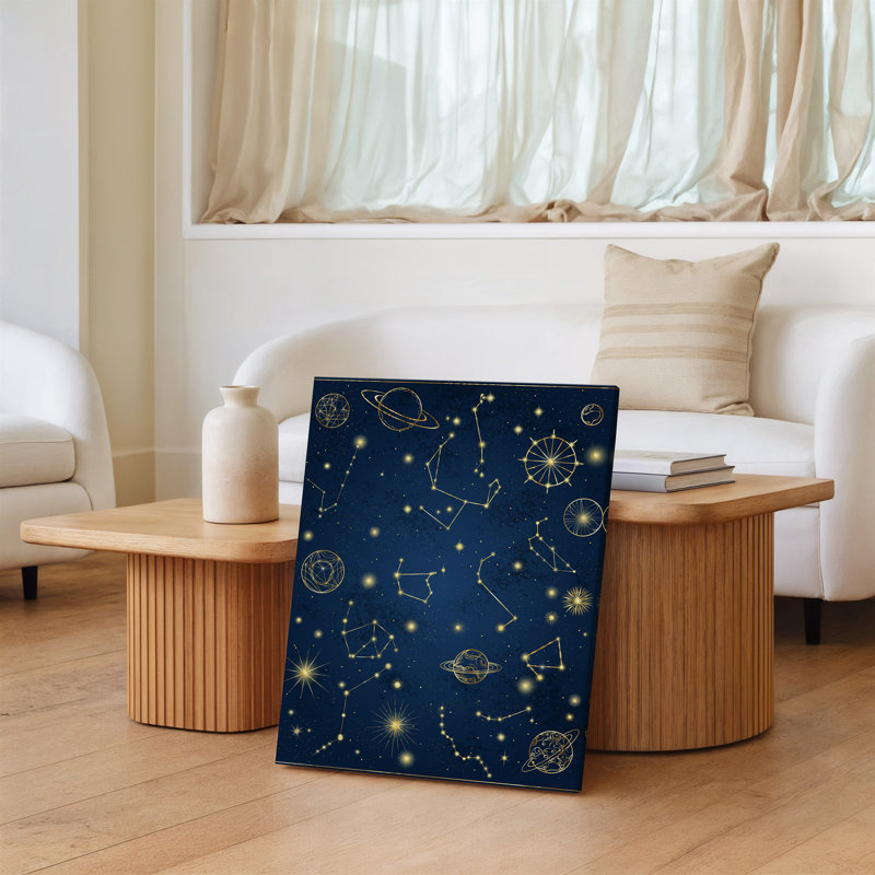 "Toile", créant une illustration à thème céleste avec un fond d'art bleu marine foncé parsemé de constellations complexes