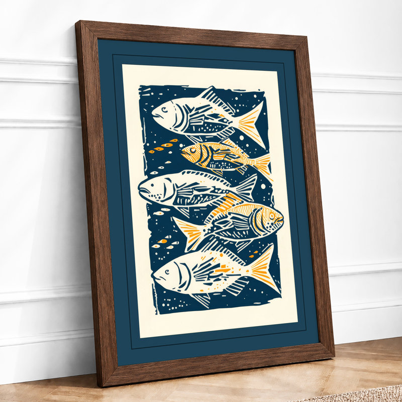 Five Fishes Rising Coastal - Framed Print, A1 - 84.1 x 59.4 cm, Walnut