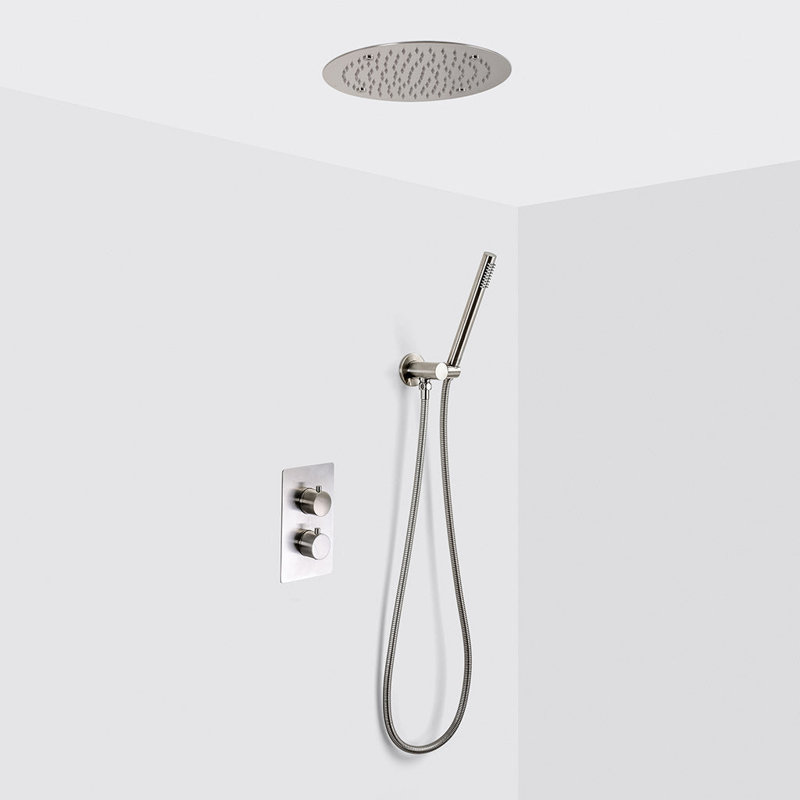Metro 2 Way Thermostatic Complete Shower Set - Ceiling Mount - 16" Brass/Brushed Nickel, Brushed Nickel