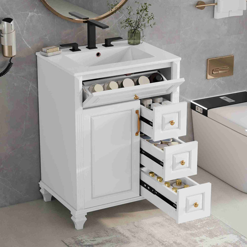 Meuble-lavabo de salle de bain avec lavabo, Blanc, Doré, 24"