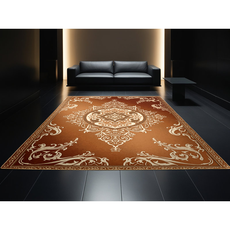Tapis damassé chic et luxueux lavable à la machine en brun Pahola - reliure brun clair, 8x10