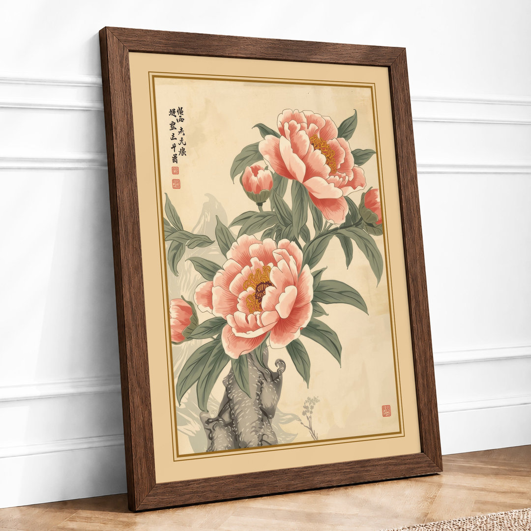 Pink Peonies with Calligraphy Botanical Framed Art Print