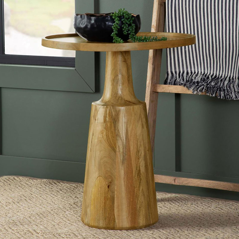 Table d'appoint en bois de manguier naturel avec rebord surélevé - Rond rustique d'une hauteur de 24 po à des fins décoratives, diamètre de 20 po