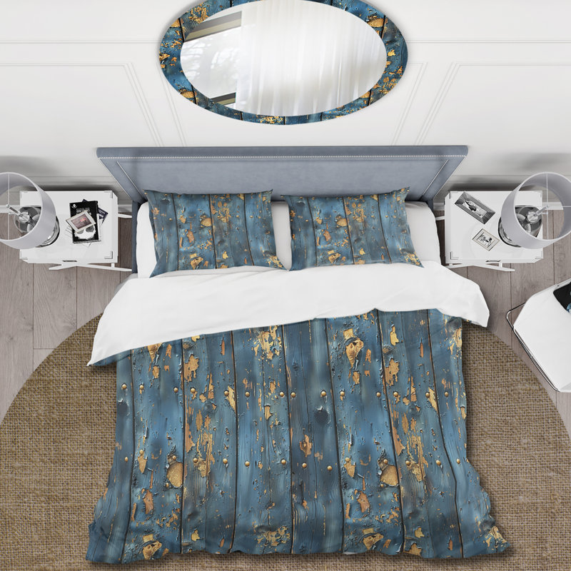 Ensemble de housse de couette Farmhouse, Housse de couette simple + 2 taies décoratives st, Blue/Gold Weathered Wood II