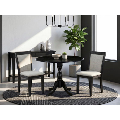 3 Piece Modern Dining Table Set Contains a Round Wooden Table with Dropleaf and 2 Shitake Linen Fabric Parsons Dining Chairs, Wirebrushed Black