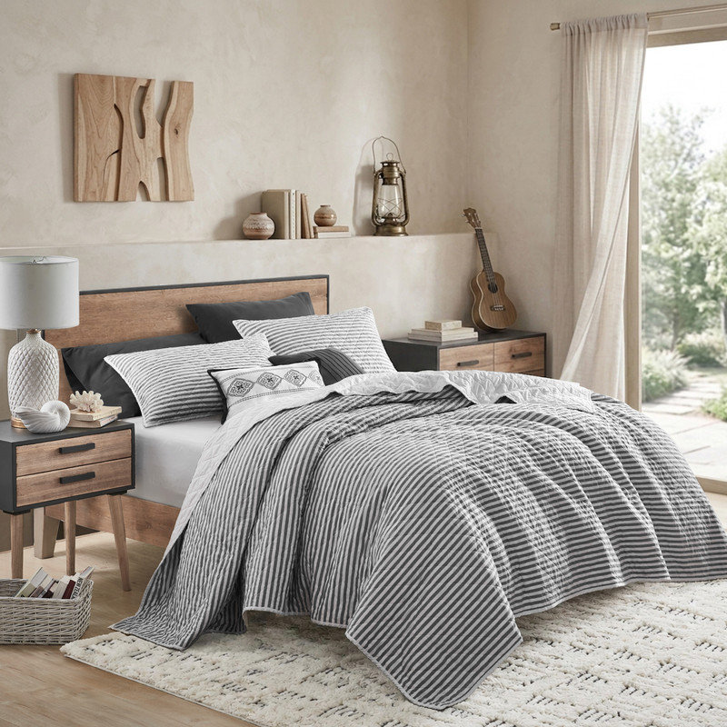 Ensemble de courtepointe rayée 100% coton Wonderful, Queen Quilt + 2 Shams
