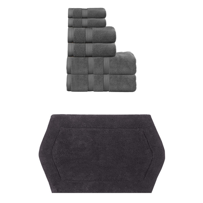 Bryd Collection 100% Soft Cotton Towel Set & 1 Pc Bath Rug, Dark Gray, 6 Piece Towel Set & 1 Piece 21"x34" Bath Rug
