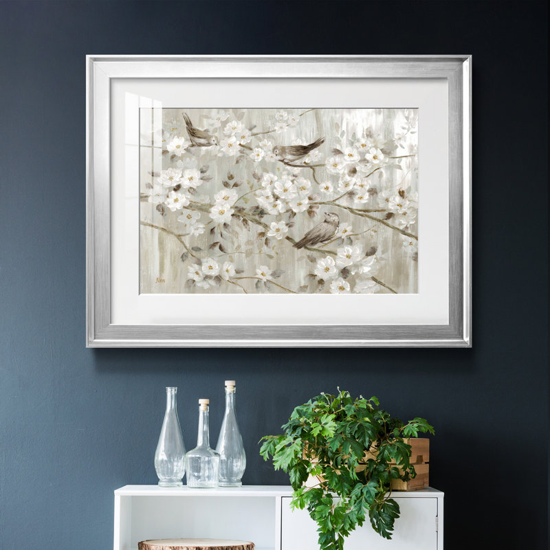Neutre oiseaux printaniers - peinture encadrée, H 18,5 po x l 24,5 po x P 1,5 po, Cadre argenté