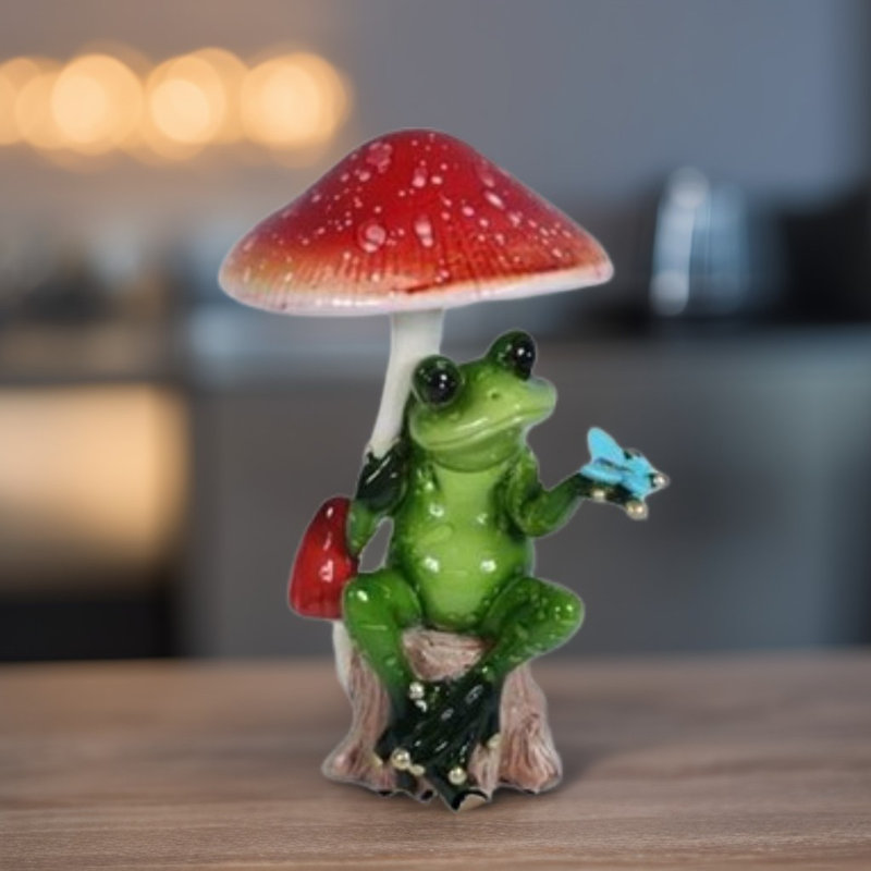 5"H Frog under Mushroom with Butterfly Figurine