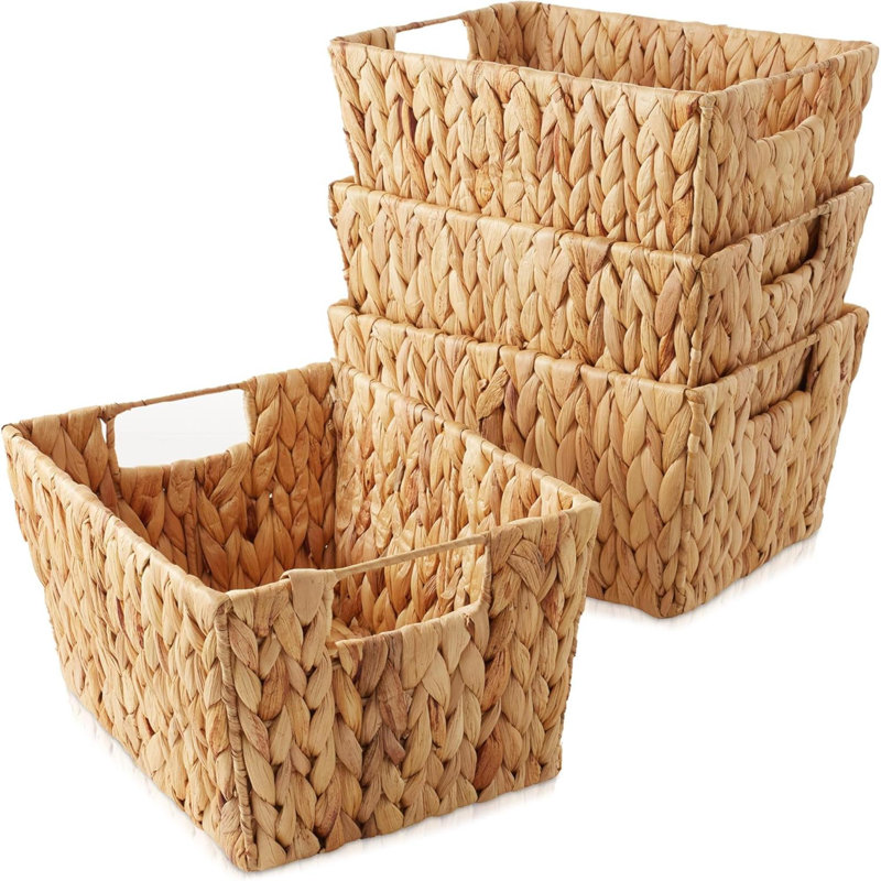 Ensemble de 4 paniers de rangement en jacinthe d'eau avec poignées - naturel, bacs de rangement rectangulaires tissés pour tablettes, couvertures et rangement
