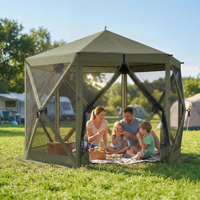 Tente 10 po x 11 pi avec abri de jardin escamotable, abri de soleil portatif pour l'extérieur avec moustiquaire, sac de transport, piquets de sol, cordes pour patio, cour arrière, vert foncé