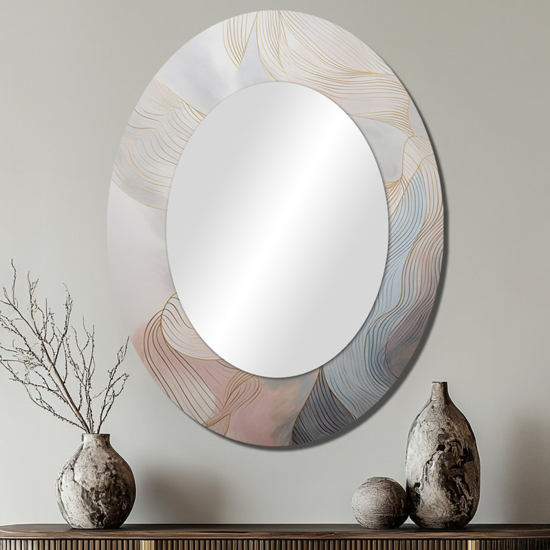 Or et gris Line Art In Motion II - grand miroir mural ovale sur métal, 40 po x 30 po