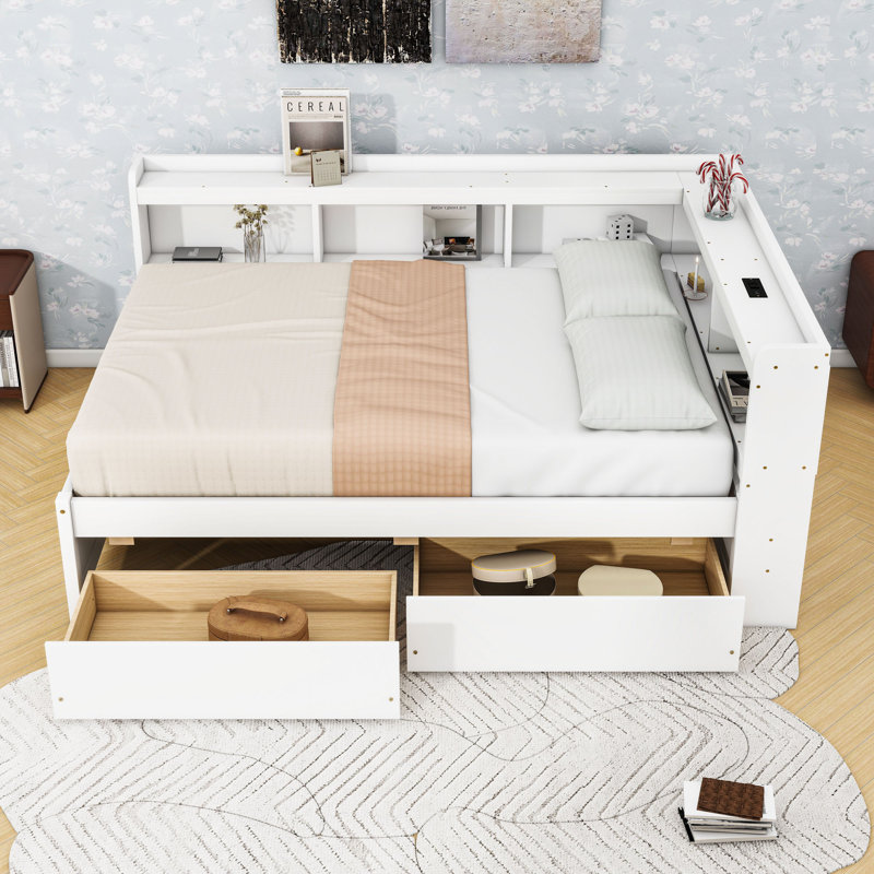 Full-Size L-Shaped Daybed with Charging Station and Storage Drawers,Shelves, White