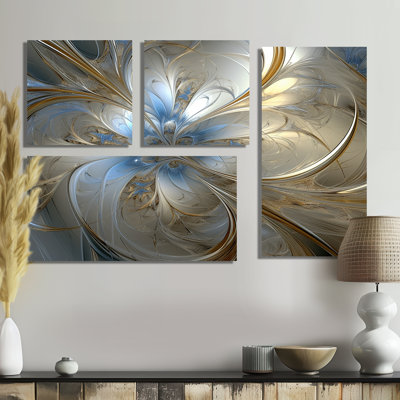 Tendre spirale florale tourbillonnante bleu clair - abstrait spirales murales 4 pièces