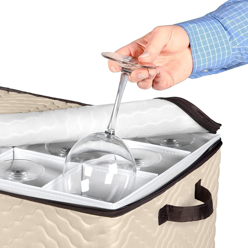 Rangement pour verres à vin avec séparateurs - (paquet de 2 tailles) pouvant contenir 12 verres de taille standard jusqu'à H 10 po - Étui de rangement pour verres à pied, beige