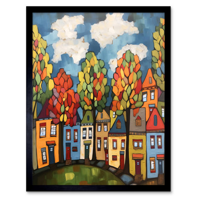 Multicoloured Row Of Houses With Autumn Trees Contemporary Folk Art Painting Artwork Framed Wall Art Print 9X7 Inch