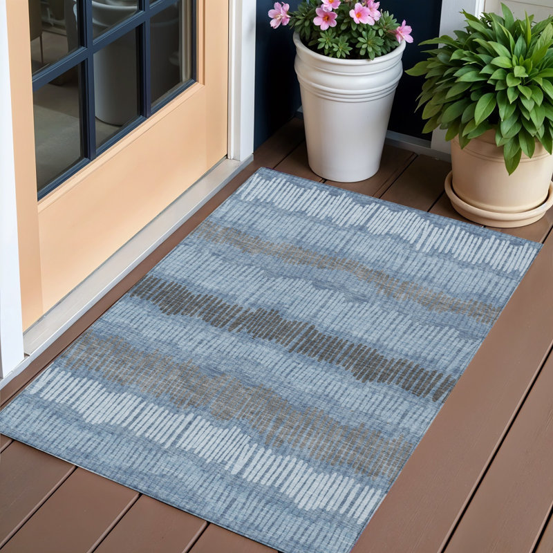 Tapis extérieur lavable rayé bleu, noir et gris 3 pi x 5 pi
